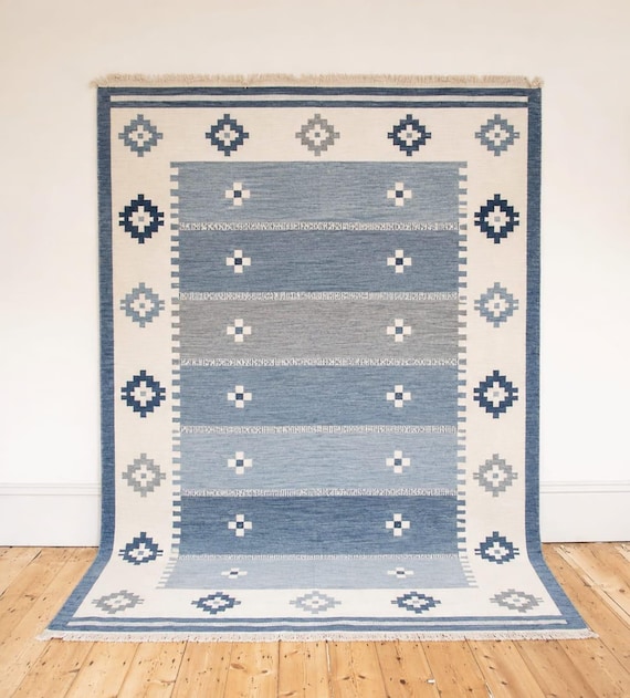 Geometric Blue Diamond Kilim – Handwoven Striped Rug