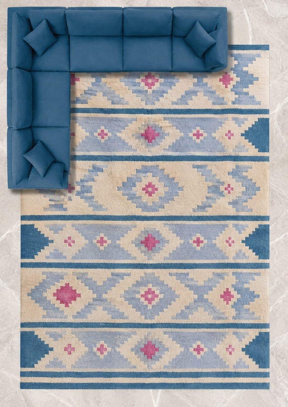 Swedish Marianne Richter Inspired Kilim Wool Rug – Bright Blue Colors Rug.