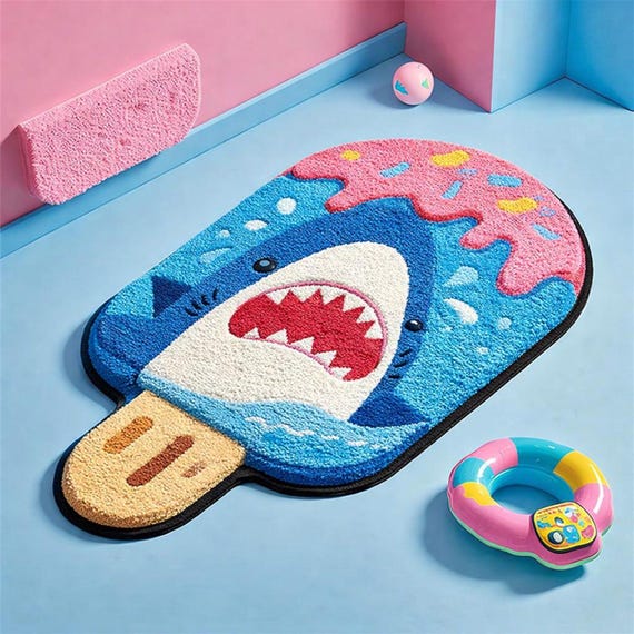 Cartoon Shark Popsicle Rug, Colorful Kids Room Area Rug, Ocean Theme Decor