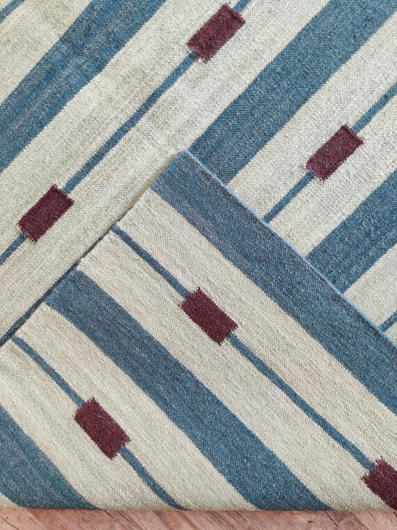 Handwoven Wool Striped Rug, Modern Geometric Kilim, Neutral Beige Floral (5x8, 8x10 FT)
