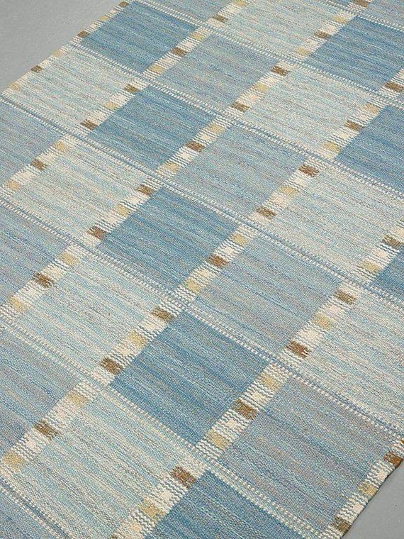 Handwoven Wool Kilim Rug, Swedish Rölakan Design, Blue Grey Scandinavian Carpet