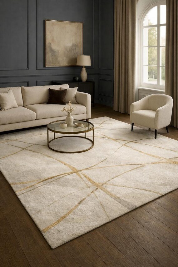 Hand-Tufted Wool Area Rug, Cream & Gold Geometric Pattern, Modern Minimalist Decor