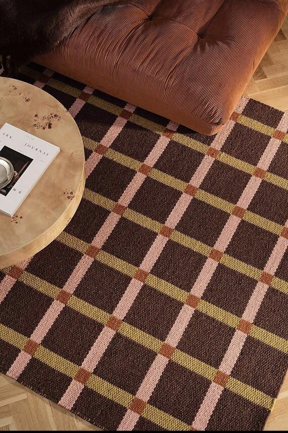 Minimalist Plaid Brown & Pastel Accent Kilim Carpet
