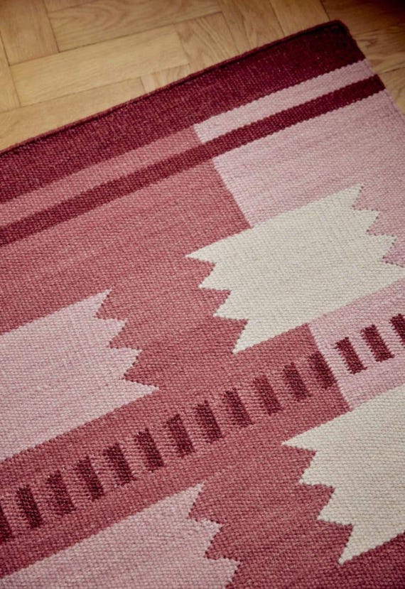 Handwoven Pink Wool Kilim Rug, Geometric Flatweave Area Rug (8x10)