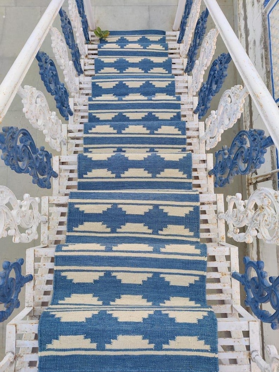 Handwoven Wool Runner: Blue and White Kilim Style, 2.6x14 Ft