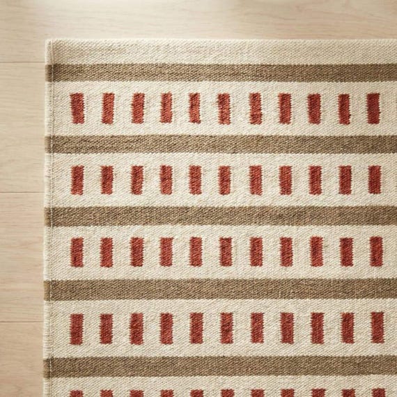 Handwoven Wool Kilim Rug, Scandinavian Geometric Stripe Area Carpet.