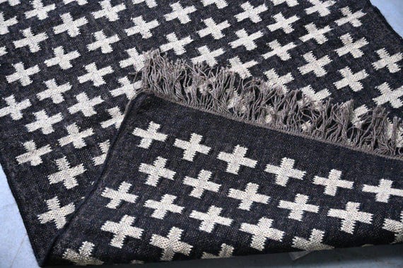 Black White Cross Kilim Rug: Handwoven Wool Geometric Area Rug (6x9, 8x10, 9x12)