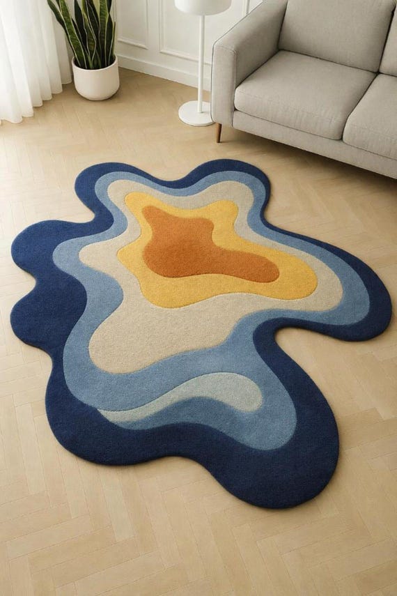 Abstract Organic Shape Rug, Modern Irregular Blue Yellow Carpet, Scandinavian Living Room Décor