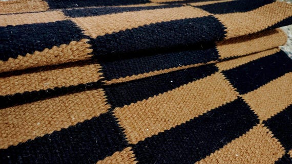 Black Brown Wool Rug | Handwoven Checkered Flatweave | Modern Scandinavian Area Rug | Custom Size