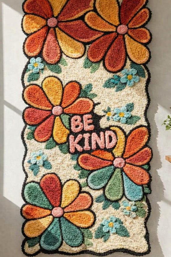 Hand-Tufted Wool Runner Rug, Retro 70s Daisy Floral, Be Kind Quote (Runner)