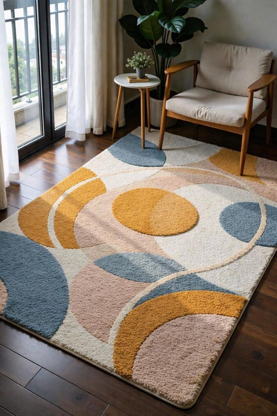 Geometric Modern Area Rug – Mustard, Blue & Peach Circles Design