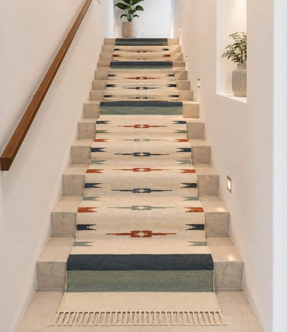 Handwoven Kilim Runner Rug, Southwestern Wool Stair Runner, Boho Geometric Carpet