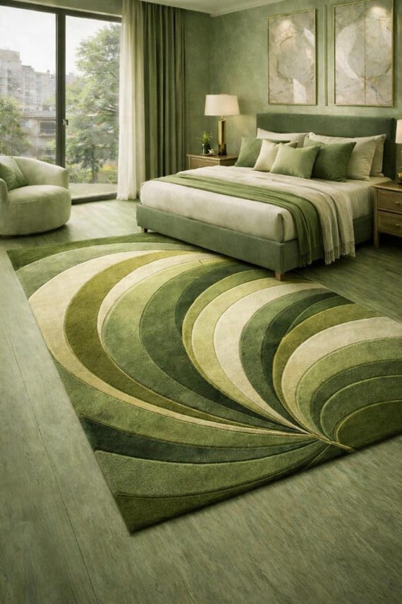 Green Abstract Swirl Area Rug | Handmade Tufted Carpet, Modern Floor Decor