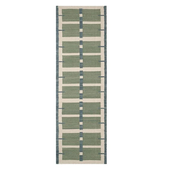 Scandinavian Earthy Green, Beige & Teal Geometric Wool Handwoven Modern Runner. Custom Sizes Available