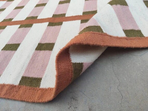 Handwoven Modern Geometric Kilim Rug in Pastel Pink, Cream & Terracotta | Flatweave Wool Area Rug