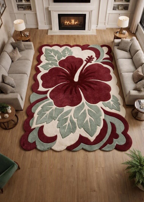 Hand Tufted Burgundy Hibiscus Flower Rug, Botanical Statement Carpet (Custom Sizes)