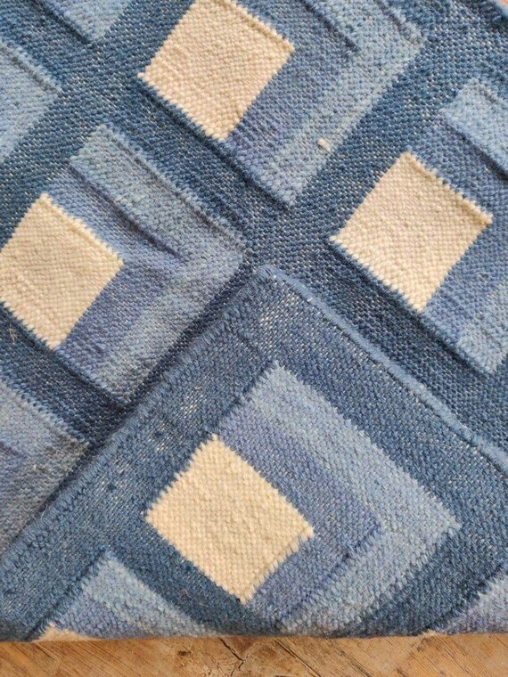 Handwoven Geometric Wool Kilim Rug, Blue-White Bohemian Flatweave (Custom Size)