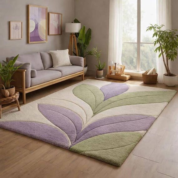 Pastel Floral Tufted Rug, Modern Botanical Area Rug, Lavender Green Flower Carpet