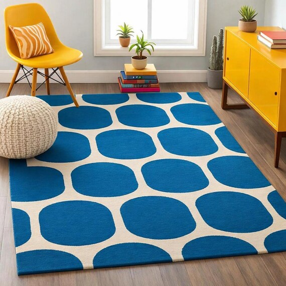 Hand-Tufted Wool Rug, Bold Blue Polka Dots, Cream Background, Modern Geometric Area Rug