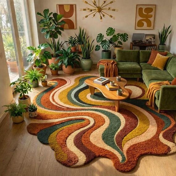 Hand-Tufted Wool Swirl Rug, 70s Retro Boho Living Room Decor (Rust, Green, Ochre)