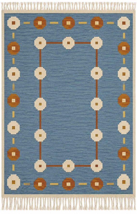 Handwoven Blue Kilim Rug – Geometric Border Design, Boho Home Decor.
