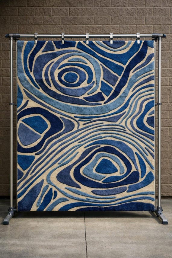 Hand-Tufted Wool Swirl Rug, Blue Geometric Carpet, Modern Minimalist Bedroom Living Room