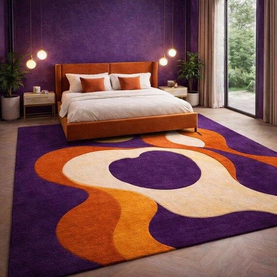 Hand-Tufted Abstract Amoeba Rug, Purple Orange Cream Pop Art Floor Carpet
