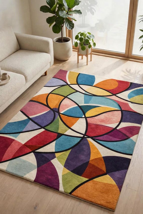 Abstract Geometric Stained Glass Rug, Vibrant Color Blocks, Modern Mid-Century Decor