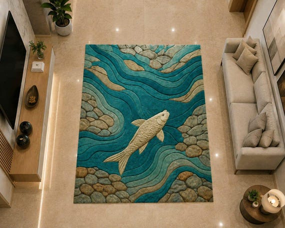 Handmade Koi Fish Wool Rug, Teal Water Garden Carpet, Japanese Inspired Area Rug
