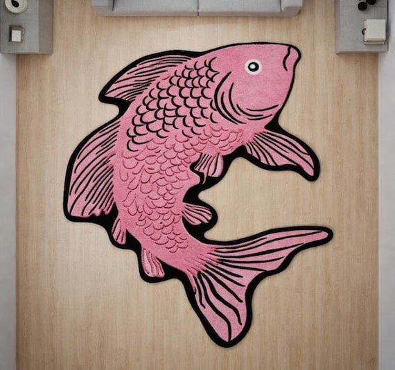 Handcrafted Pink Fish Tufted Rug, Preppy Animal Floor Mat, Custom Housewarming Gift