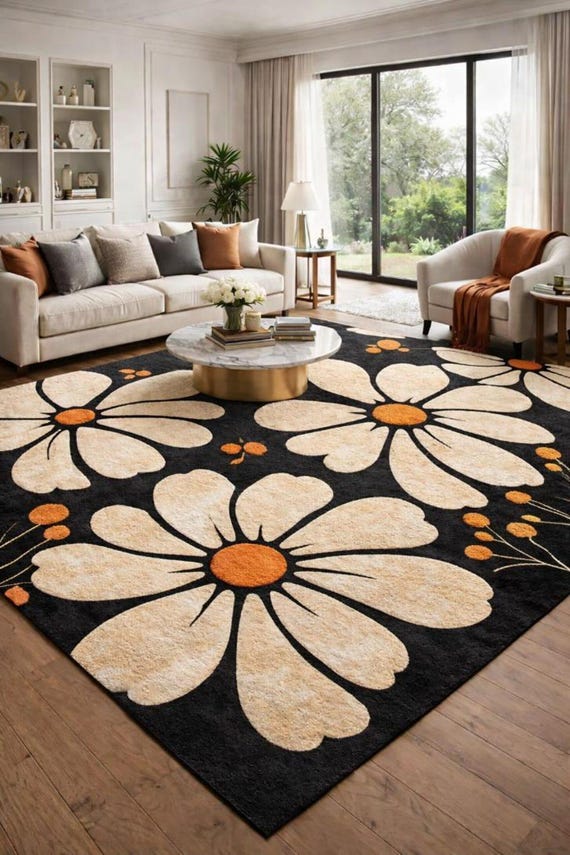 Black Floral Rug – White Orange Blossoms, Modern Statement Carpet