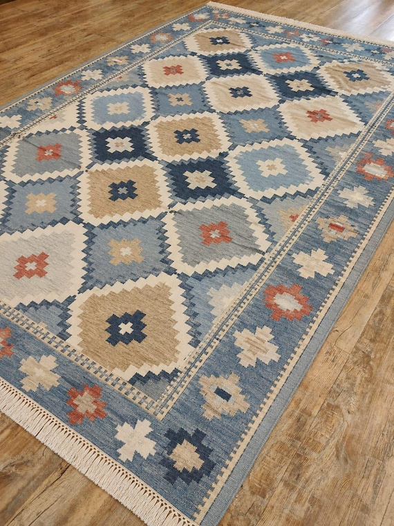 Handwoven Wool Kilim Rug, Geometric Blue Southwestern Flatweave Carpet