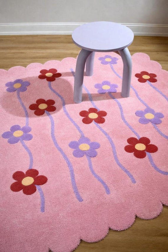 Pink Floral Tufted Rug, Scalloped Flower Design, Cottagecore Nursery Decor