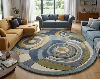 Moderner Abstrakter Kreis Teppich: Blau Grauer Geometrischer Wohnzimmer Teppich
