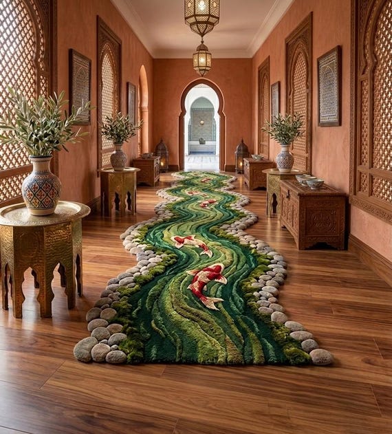 Hand-Tufted Koi Pond Runner Rug – 3D New Zealand Wool Artistry, Cut Pile Detailing