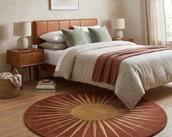 Gebranntes Orange Sunburst Runder Teppich, moderner geometrischer Boho Teppich, Erdton-Bodendekor