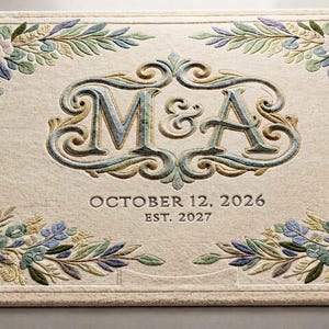 May include: A rectangular cream-colored rug featuring an embroidered floral border in shades of blue, green, and white. The center displays the letters M & A in a decorative script, with the text OCTOBER 12, 2026 and EST. 2027 printed below.