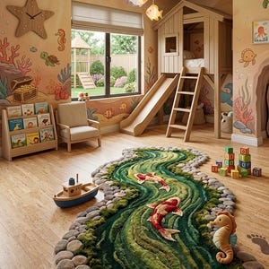 K&ouml;nnte beinhalten: Ein strukturierter Teppich mit einem gr&uuml;nen Flussdesign und zwei Koi-Fischen, umrandet von grauen Steinen. Der Teppich enth&auml;lt ein Seepferdchen-Pl&uuml;schtier und ein Holzspielzeugboot in einem Raum mit Hochbett, Rutsche und Wandmalereien.
