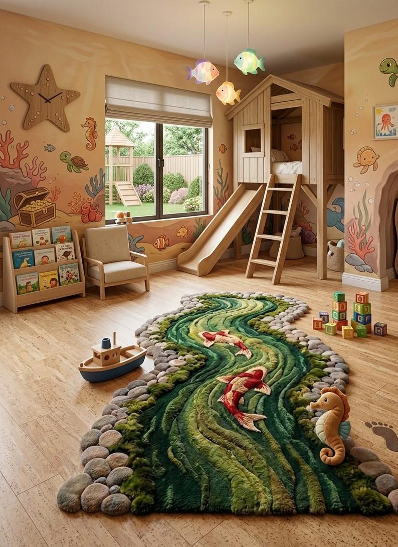 K&ouml;nnte beinhalten: Ein strukturierter Teppich mit einem gr&uuml;nen Flussdesign und zwei Koi-Fischen, umrandet von grauen Steinen. Der Teppich enth&auml;lt ein Seepferdchen-Pl&uuml;schtier und ein Holzspielzeugboot in einem Raum mit Hochbett, Rutsche und Wandmalereien.