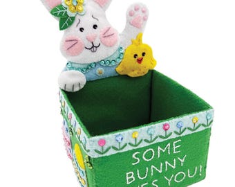 May include: A green felt Easter basket with a white bunny and yellow chick. The bunny is wearing a blue dress and a flower. The basket has the text "SOME BUNNY LOVES YOU!" in white.