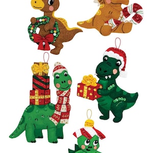 May include: A collection of felt dinosaur Christmas ornaments. The ornaments feature various dinosaurs in festive attire, including Santa hats, scarves, and holding gifts. Colors include brown, green, red, and white. Each ornament has a loop for hanging.