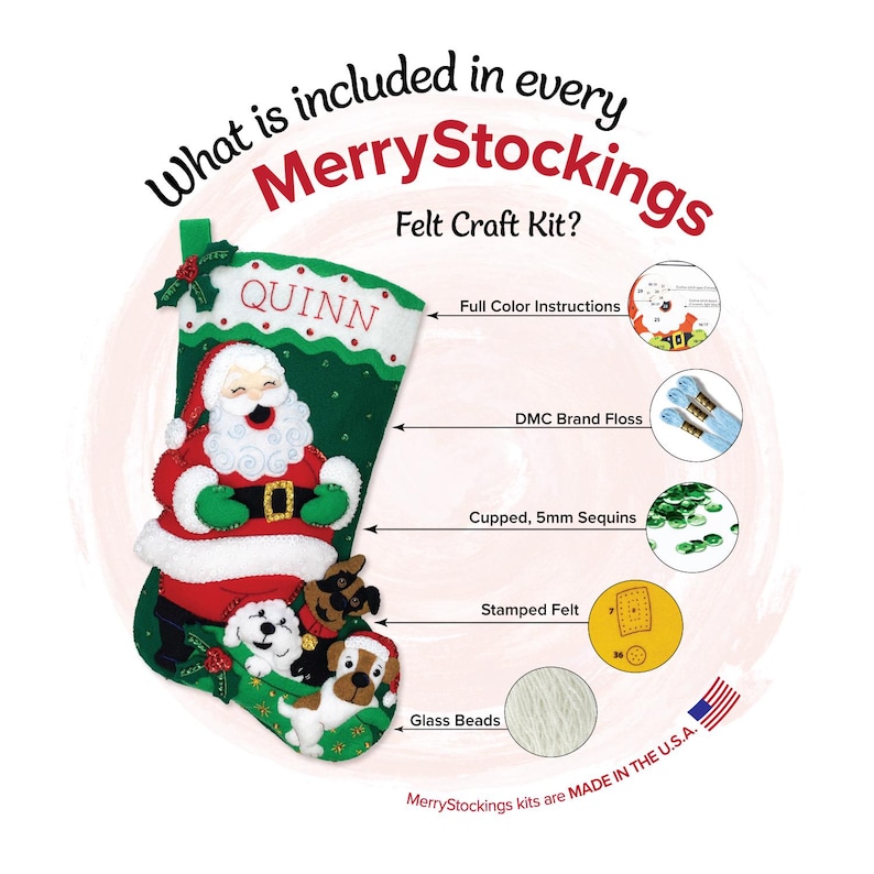 Pu&ograve; includere: Un kit di artigianato in feltro per una calza di Natale con un design di Babbo Natale e il nome "QUINN". Il kit include istruzioni, filo DMC, paillettes, feltro stampato e perline di vetro. Il testo "MerryStockings" &egrave; visibile.