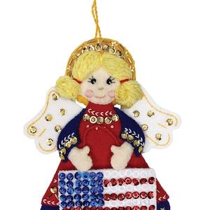 Patriotic Angel felt ornament kit, DIY, crafts, embellishments, MerryCollectibles, applique, Bucilla like