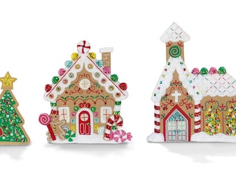 May include: Five gingerbread house ornaments, each with a different design. The houses are decorated with candy canes, gumdrops, and other festive details. The ornaments are perfect for adding a touch of whimsy to your Christmas tree.