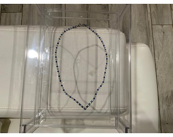 Vintage Blue and Clear Rhinestone Choker Necklace Silver Tone Tennis Style