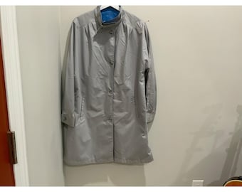 London Fog Grey Trench Coat Blue Lining Button Front Stand Collar Women Medium
