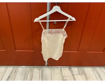 Top de camisola vintage color crema con ribete de encaje, lencería de satén color marfil, ropa de dormir ajustable.