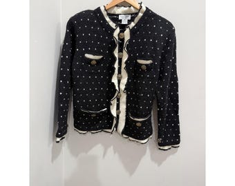 Roberta Frost Hand Knitted Virgin Wool Cardigan Black White Heart Ruffle Medium