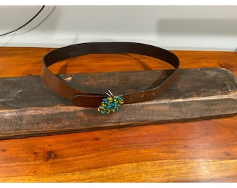 Genuine Italian Bonded Leather Belt Brown Blue Green Crystal Buckle Made in USA