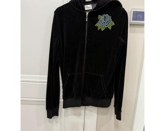 Ankh Black Velour Tracksuit Set Rhinestone Graphic Hoodie Wide Leg Pants L